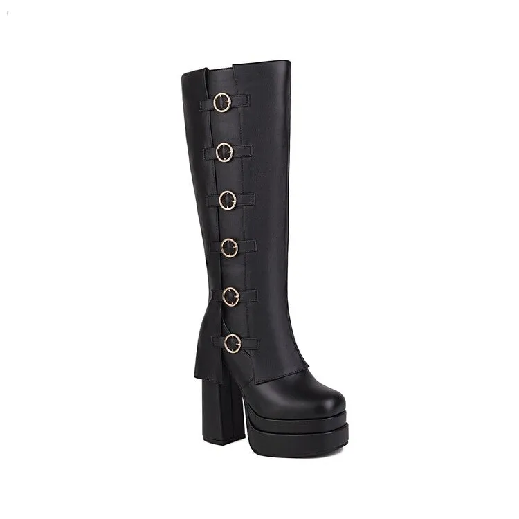 Women's Pu Leather Round Toe Buckles Belts Chunky Heel Platform Knee High Boots