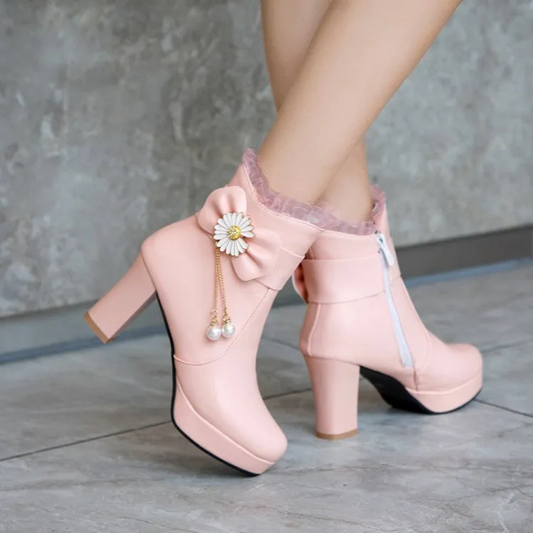 Women's Pu Leather Sunflower Pearls Bowtie Lace Chunky Heel Platform Ankle Boots