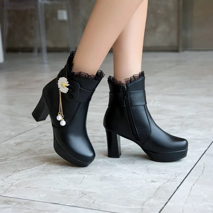 Women's Pu Leather Sunflower Pearls Bowtie Lace Chunky Heel Platform Ankle Boots