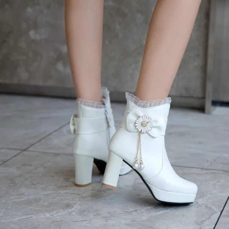 Women's Pu Leather Sunflower Pearls Bowtie Lace Chunky Heel Platform Ankle Boots