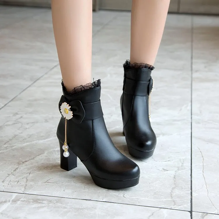 Women's Pu Leather Sunflower Pearls Bowtie Lace Chunky Heel Platform Ankle Boots