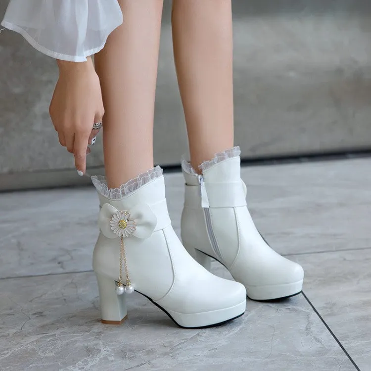 Women's Pu Leather Sunflower Pearls Bowtie Lace Chunky Heel Platform Ankle Boots