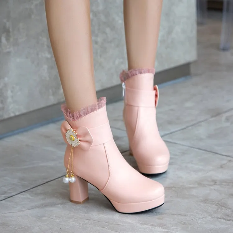 Women's Pu Leather Sunflower Pearls Bowtie Lace Chunky Heel Platform Ankle Boots