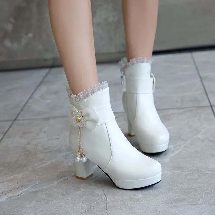 Women's Pu Leather Sunflower Pearls Bowtie Lace Chunky Heel Platform Ankle Boots