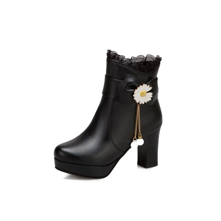 Women's Pu Leather Sunflower Pearls Bowtie Lace Chunky Heel Platform Ankle Boots