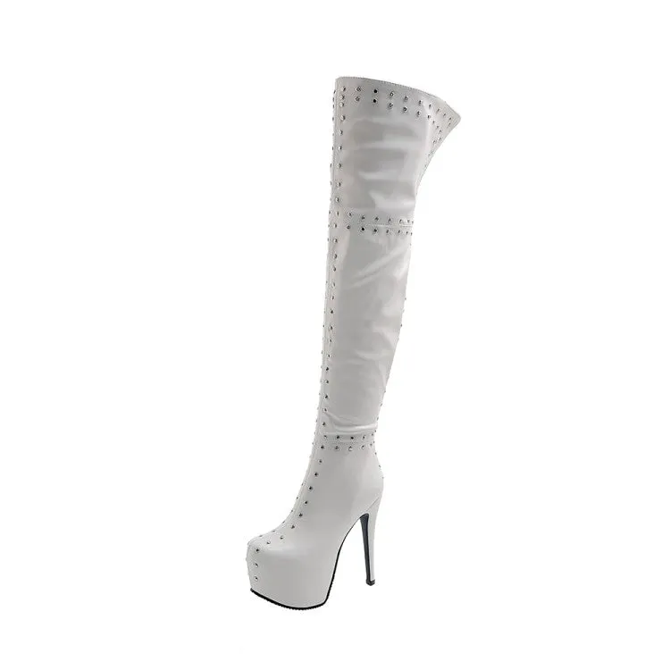 Women's Rivets Patchwork Side Zippers Stiletto Heel Platform Over the Knee Boots