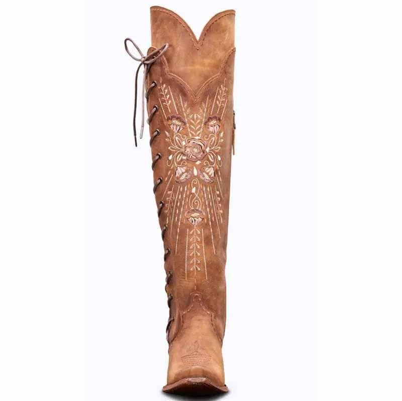 Women's Western Boots Knee High Boots Lace Up Embroidered Boot