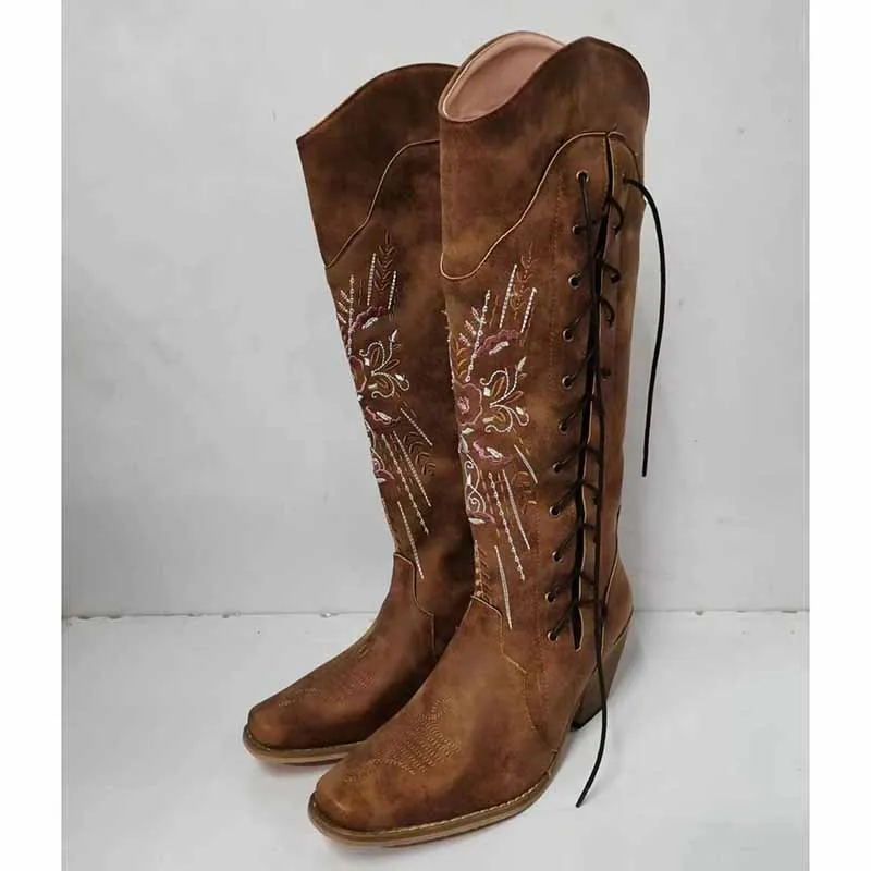 Women's Western Boots Knee High Boots Lace Up Embroidered Boot
