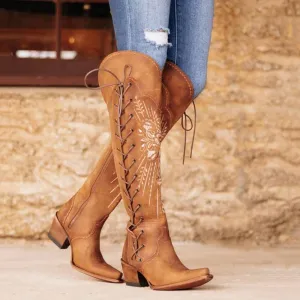 Women's Western Boots Knee High Boots Lace Up Embroidered Boot