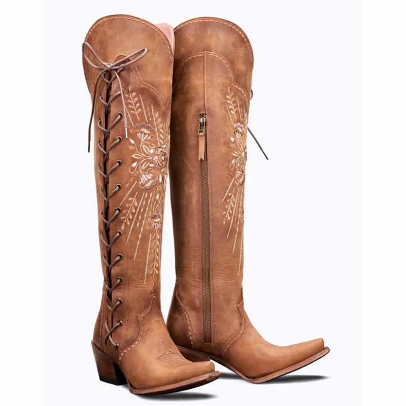 Women's Western Boots Knee High Boots Lace Up Embroidered Boot