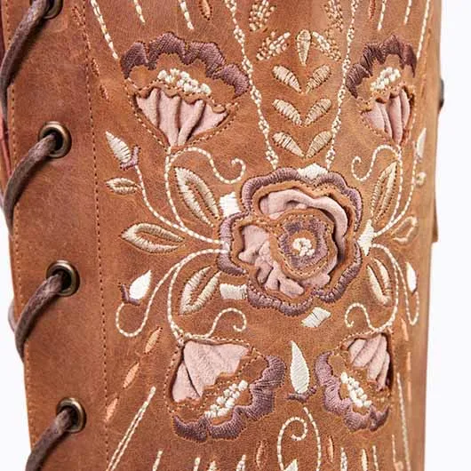 Women's Western Boots Knee High Boots Lace Up Embroidered Boot