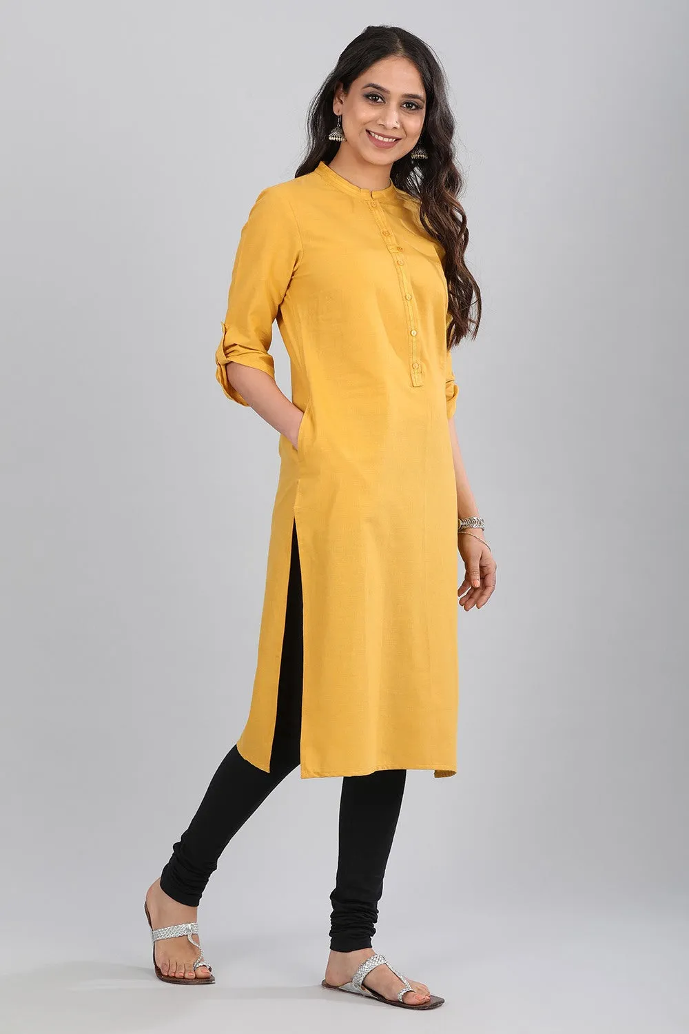 Yellow Mandarin Neck Solid kurta