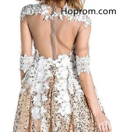 Yellow Sequins Homecoming Dress, Appliques 3/4 Sleeve Homecoming Dress