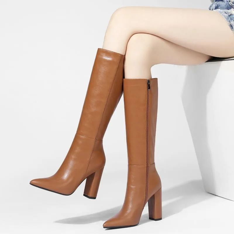 Zip Thick Heeled Knee High Winter Boots