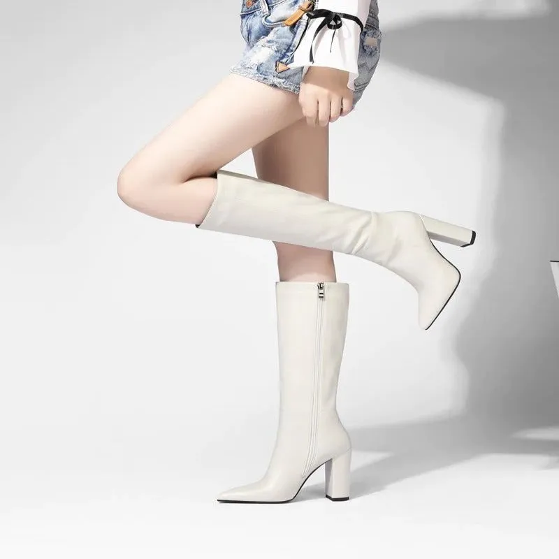 Zip Thick Heeled Knee High Winter Boots